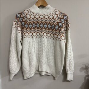 FOREVER 21 Fair Isle Cable Knit Mock Neck Pullover Sweater White Brown Blue S